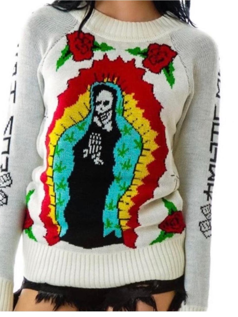 White Graphic Virgin Mary Skeleton Sweater with Red Roses